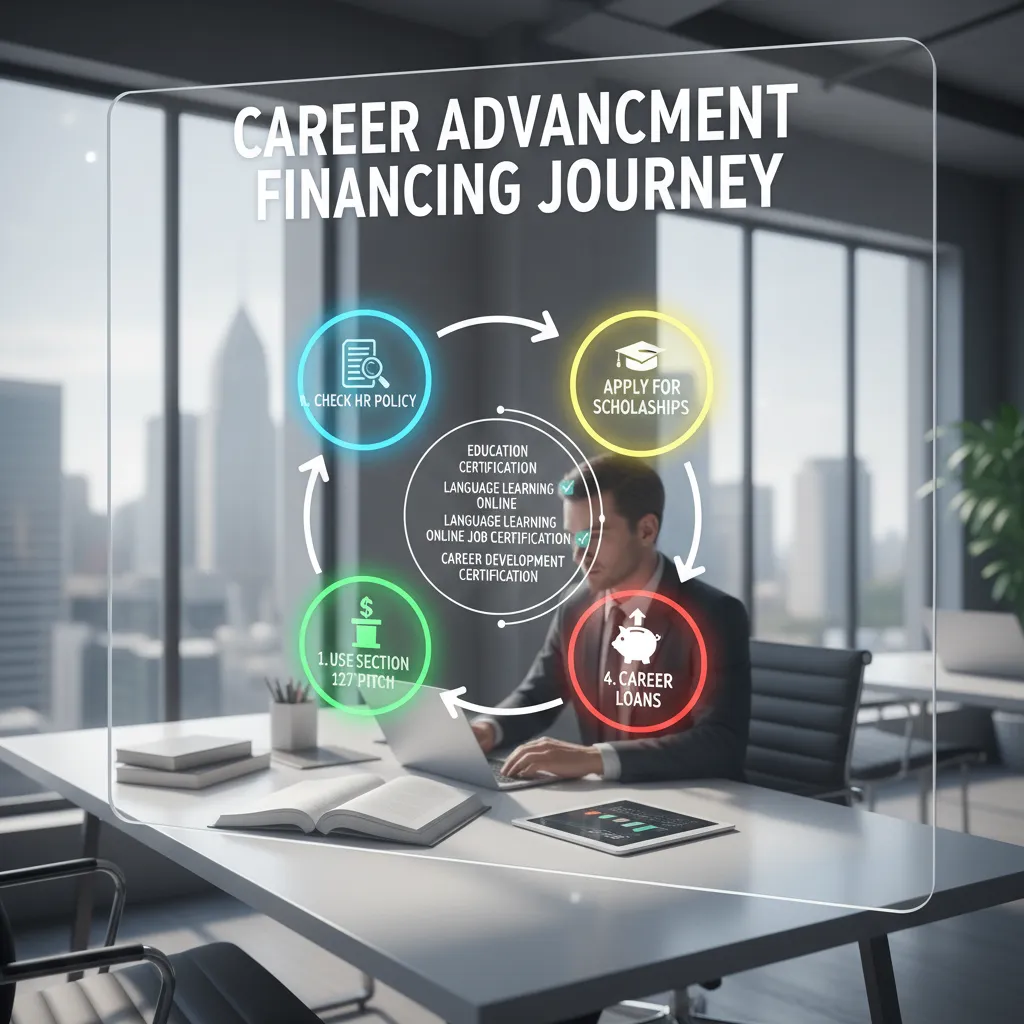 A flowchart showing the financing journey: 1. Check HR Policy -> 2. Use Section 127 Pitch -> 3. Apply for Scholarships -> 4. Career Loans