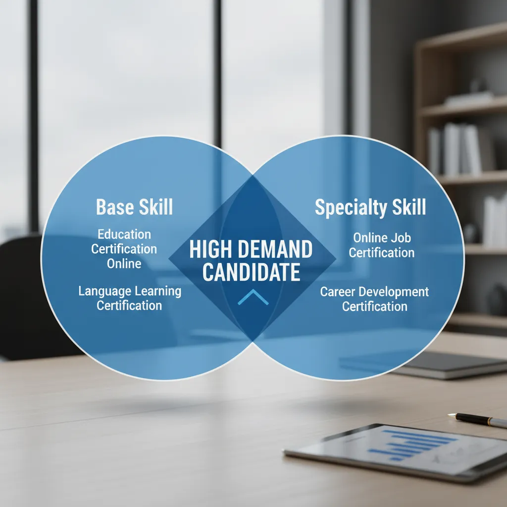 A visual diagram showing "Certification Stacking" where two separate circles labeled "Base Skill" and "Specialty Skill" overlap to create "High Demand Candidate"