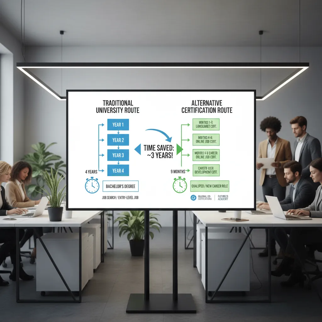 A comparative flowchart graphic showing two paths: 'Traditional University Route' taking 4 years vs 'Alternative Certification Route' taking 9 months, highlighting the time saved.