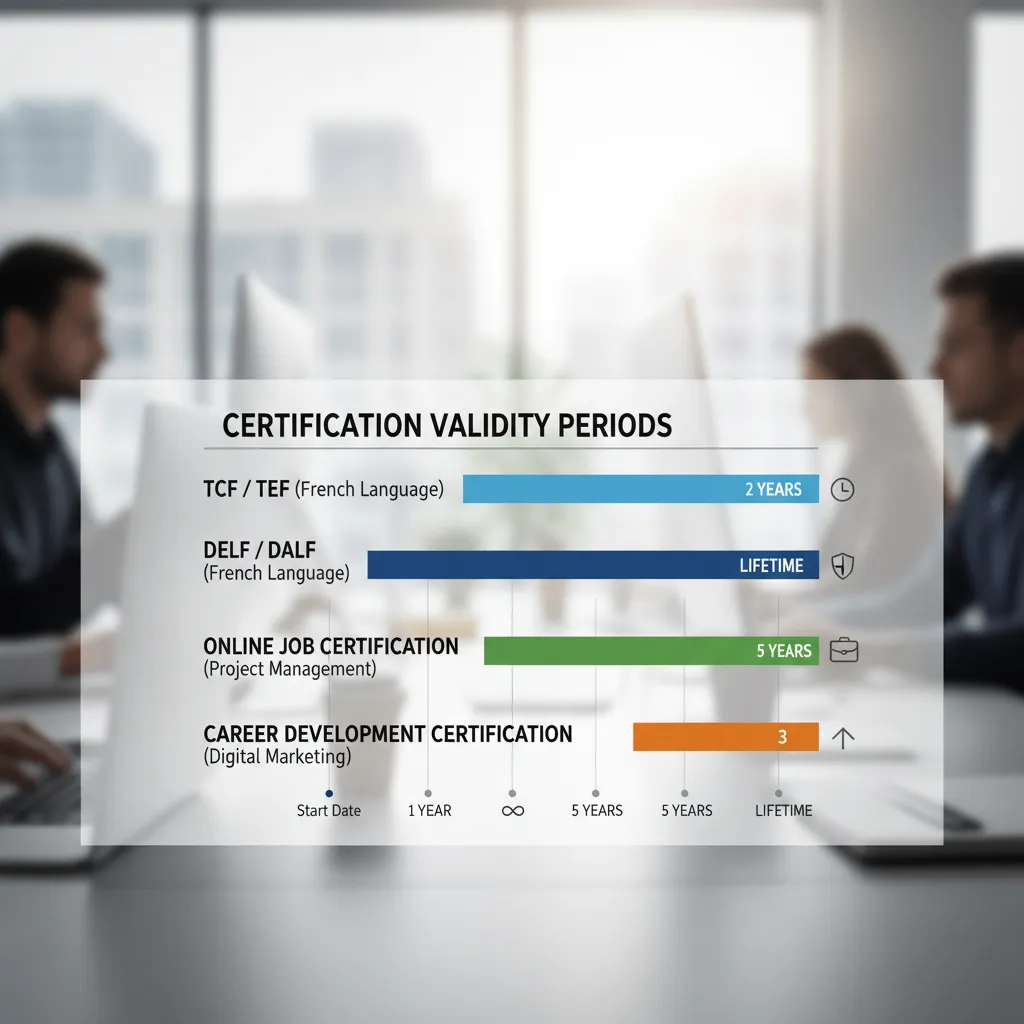 A timeline graphic showing the validity periods. TCF/TEF bar is short (2 years). DELF/DALF bar is infinite (Lifetime).