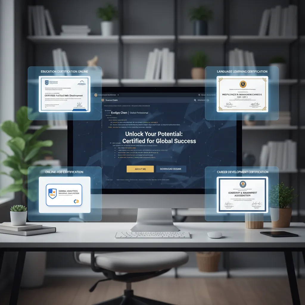 A screenshot montage showing a professional portfolio website structure: "About Me," "Projects Gallery," and "Download Resume" buttons.