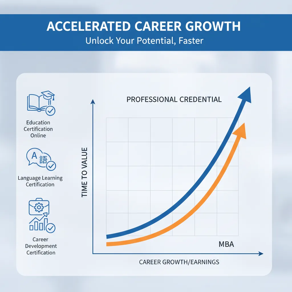 An infographic illustrating the "Time to Value" comparison between an MBA and a Professional Credential, showing a faster upward curve for the credential.