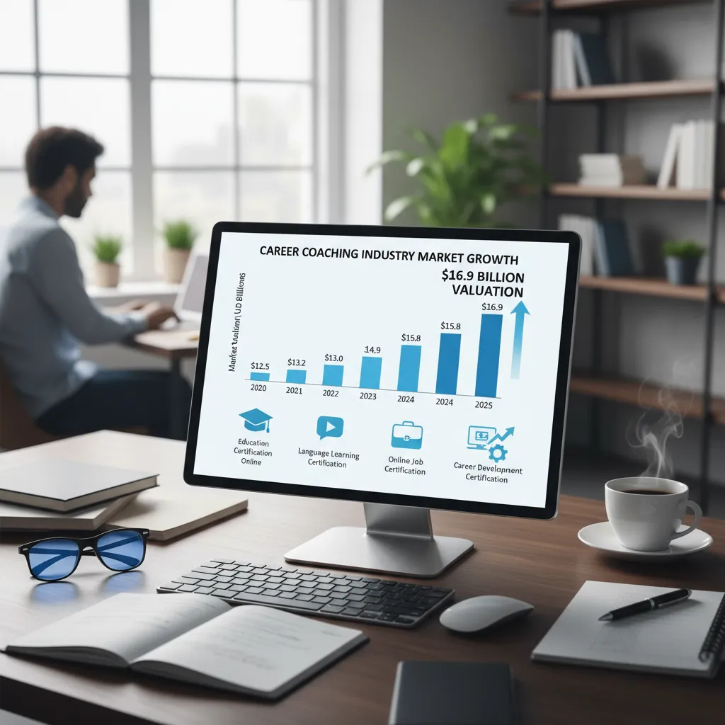 A comparative bar chart showing the market growth of the career coaching industry from 2020 to 2025, highlighting the $16.9 billion valuation.