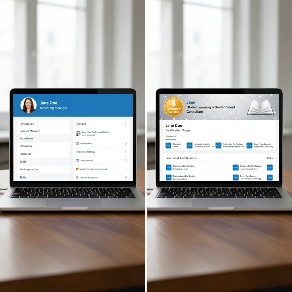 Split screen comparison showing a standard LinkedIn profile versus one optimized with the Gold Community Top Voice badge and Credly verification badges, highlighting the visual authority difference.