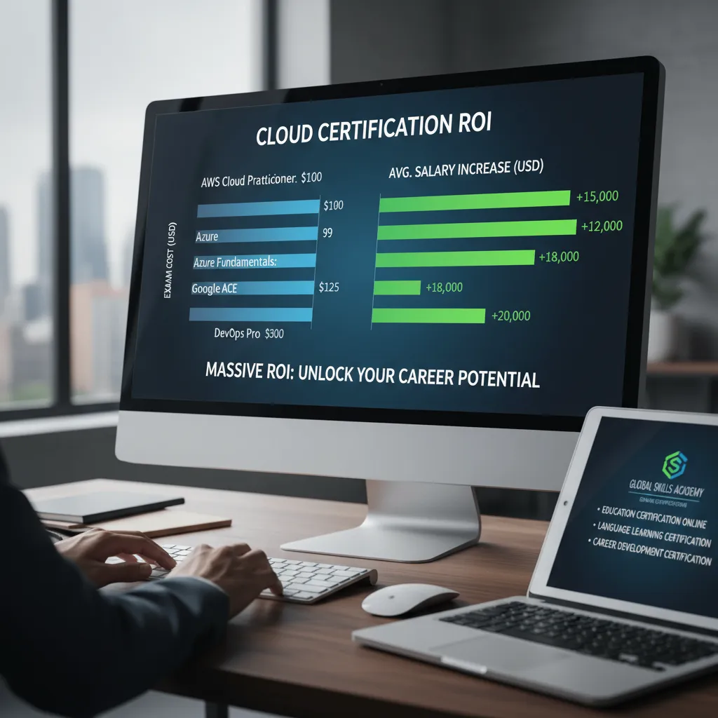 A bar chart visualization showing a comparison between the cost of an exam and the average salary increase, highlighting the massive ROI of cloud certifications.
