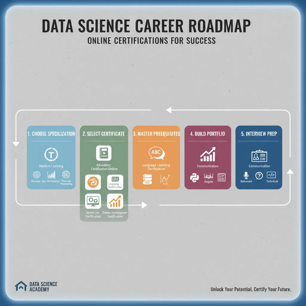 An infographic illustrating the data science career roadmap: 1. Choose Specialization, 2. Select Certificate, 3. Master Prerequisites, 4. Build Portfolio, 5. Interview Prep.