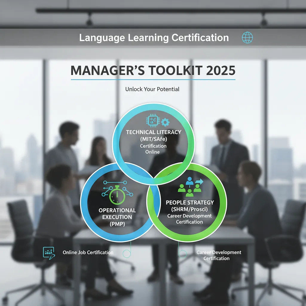 An infographic illustrating the "Manager's Toolkit 2025," showing three interlocking circles: "Technical Literacy (MIT/SAFe)," "Operational Execution (PMP)," and "People Strategy (SHRM/Prosci)."
