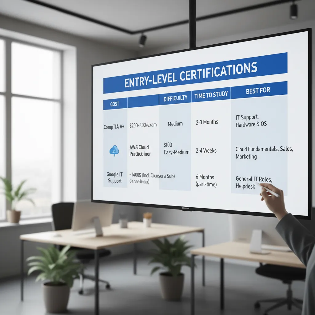 A visual comparison chart titled "Entry-Level Certifications". Columns include "Cost", "Difficulty", "Time to Study", and "Best For". Rows compare CompTIA A+, AWS Cloud Practitioner, and Google IT Support.