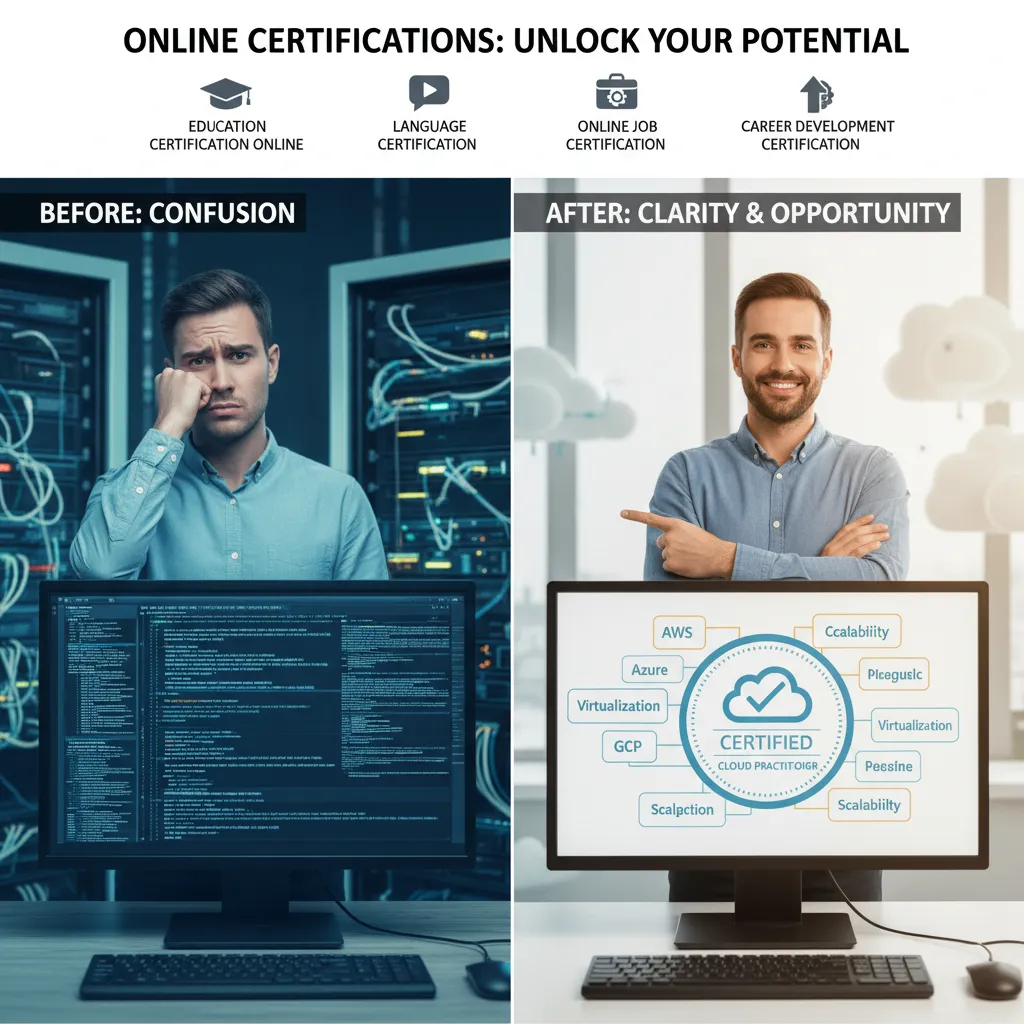 A split-screen graphic. On the left, a confused person looking at complex server code. On the right, the same person looking confident with a "Cloud Practitioner" badge, understanding the terminology.