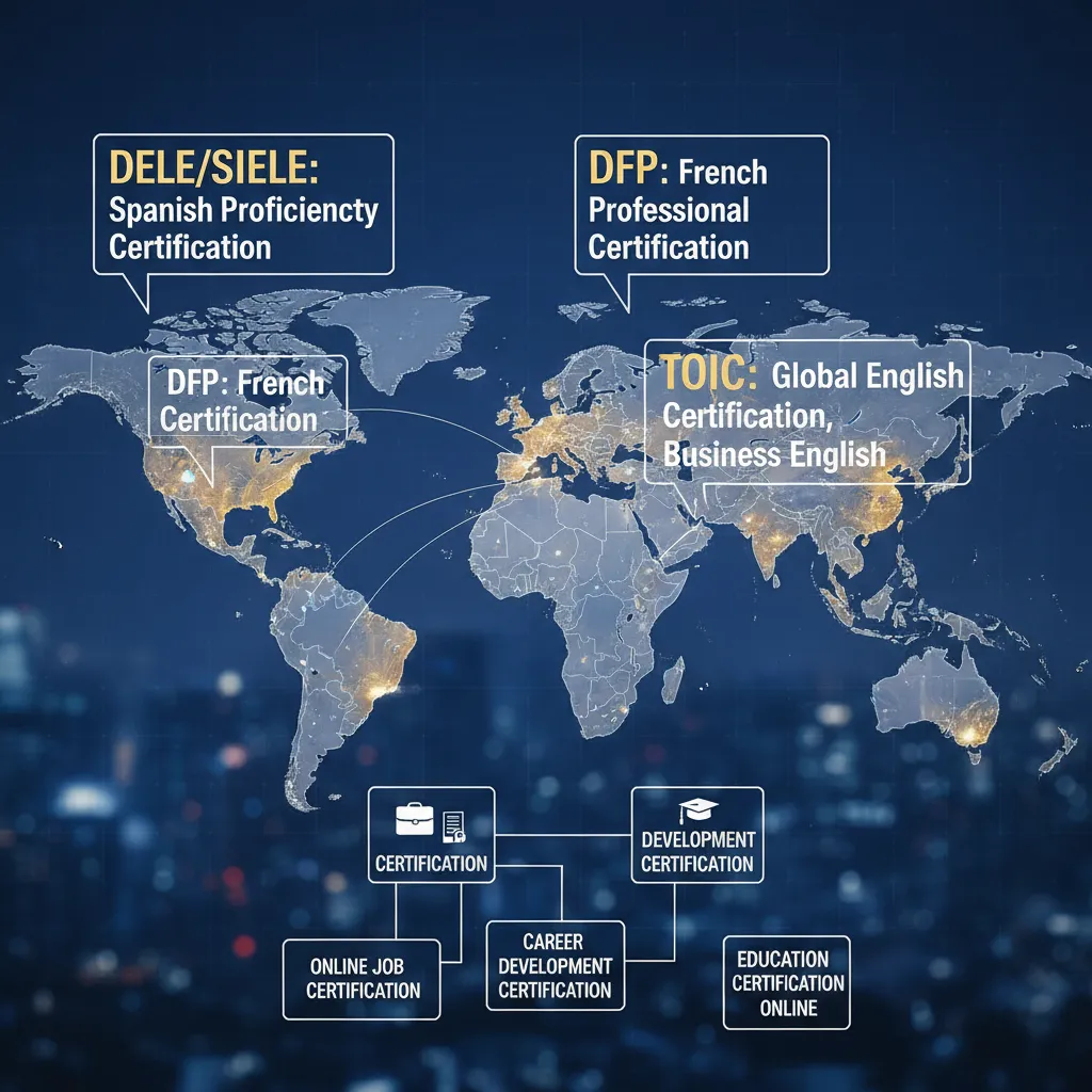 A world map illustrating the dominant business language certifications by region: DELE/SIELE for Americas/Spain, DFP for Europe/Africa, TOEIC for Global/Asia
