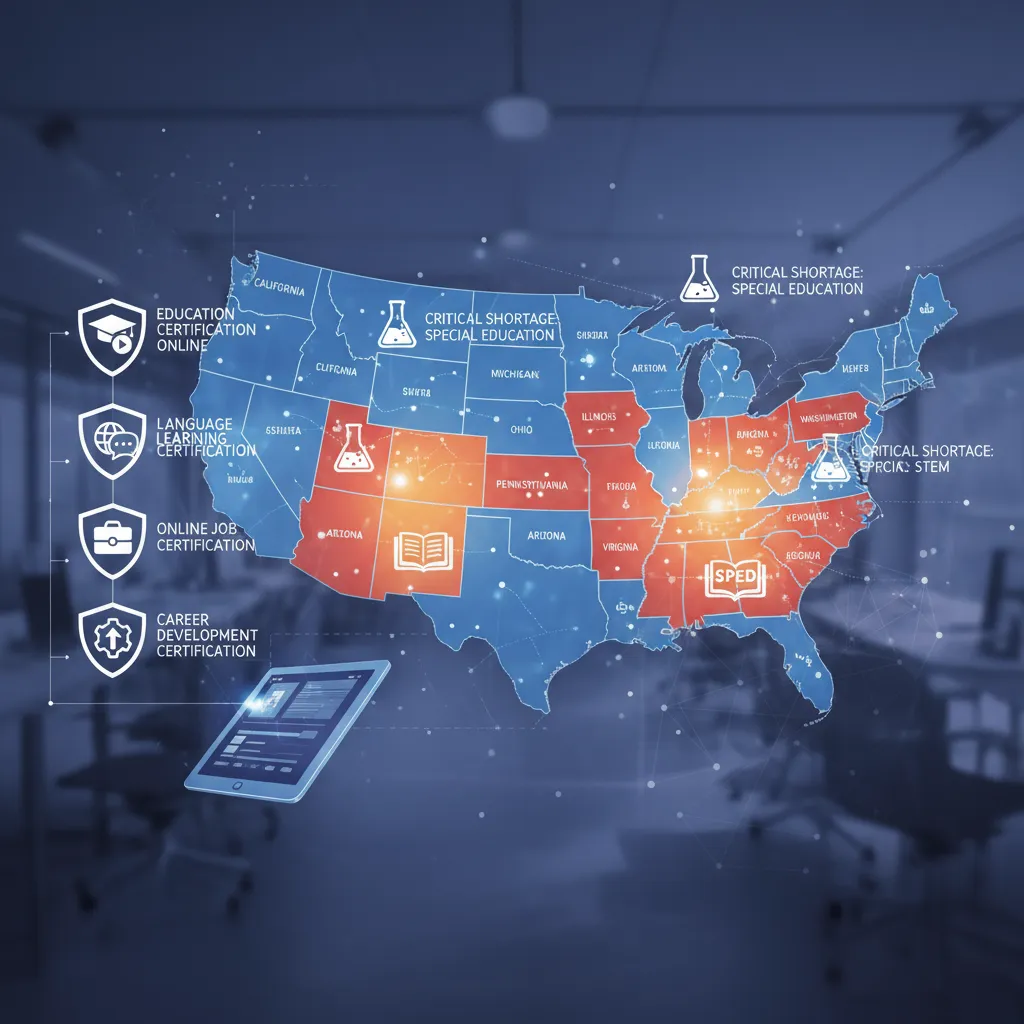 An infographic map of the United States highlighting states with critical shortages in Special Education and STEM teachers.