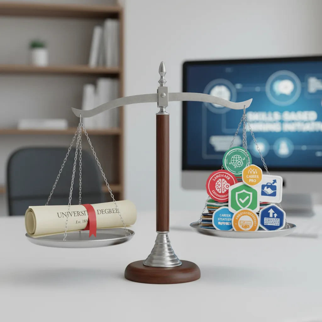 A conceptual illustration of a scale balancing a university diploma on one side and a stack of colorful certification badges on the other, with the badges slightly tipping the scale, symbolizing the shift toward skills-based hiring.