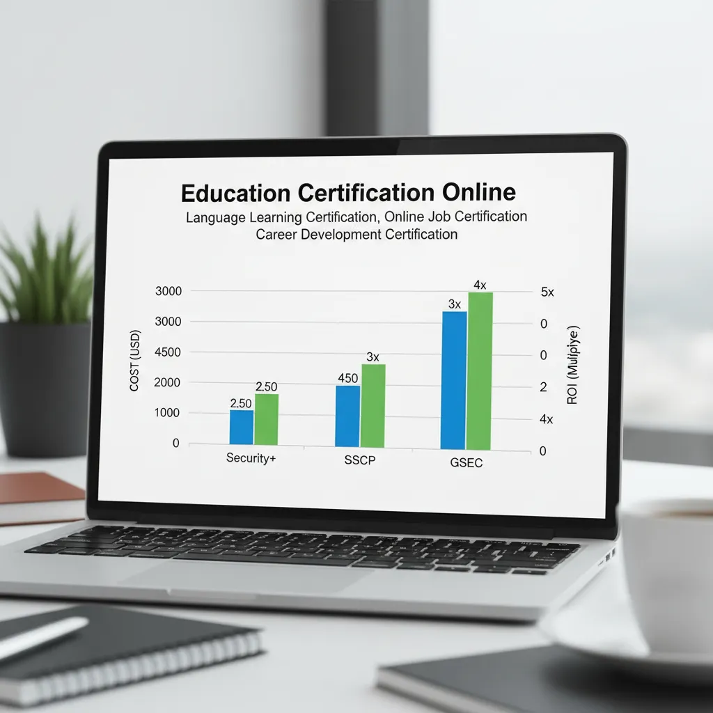 A comparative bar chart showing the "Cost vs. ROI" of Security+, SSCP, and GSEC