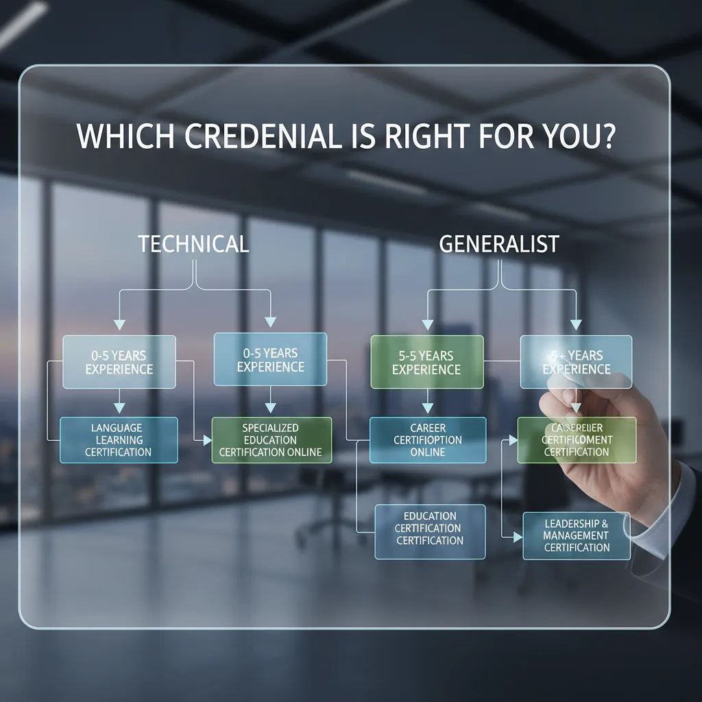 A decision tree flowchart titled "Which Credential is Right for You?" splitting paths based on "Technical vs. Generalist" and "Years of Experience."