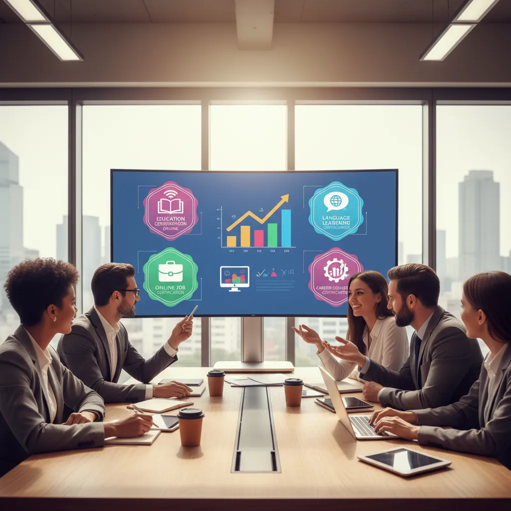 A modern office setting showing a diverse group of professionals in a workshop setting, actively engaging with a digital presentation on a screen displaying growth metrics.
