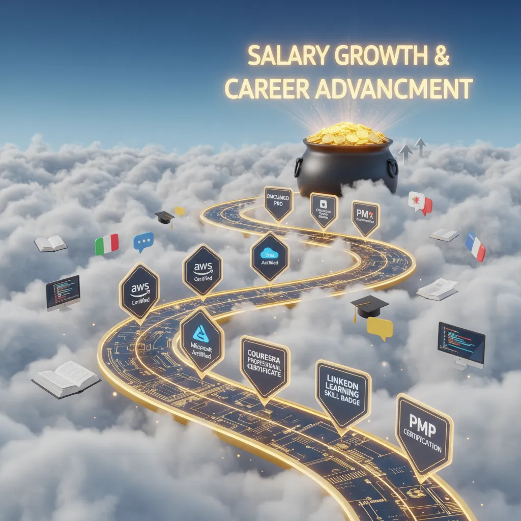 A 3D illustration showing a roadmap winding through clouds, with markers for AWS, Azure, and Google Cloud leading to a pot of gold representing salary growth.