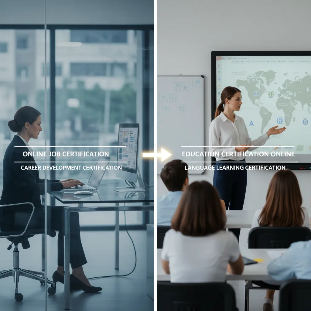 A split screen showing a person working a corporate job on one side and teaching a class on the other, representing the career transition.
