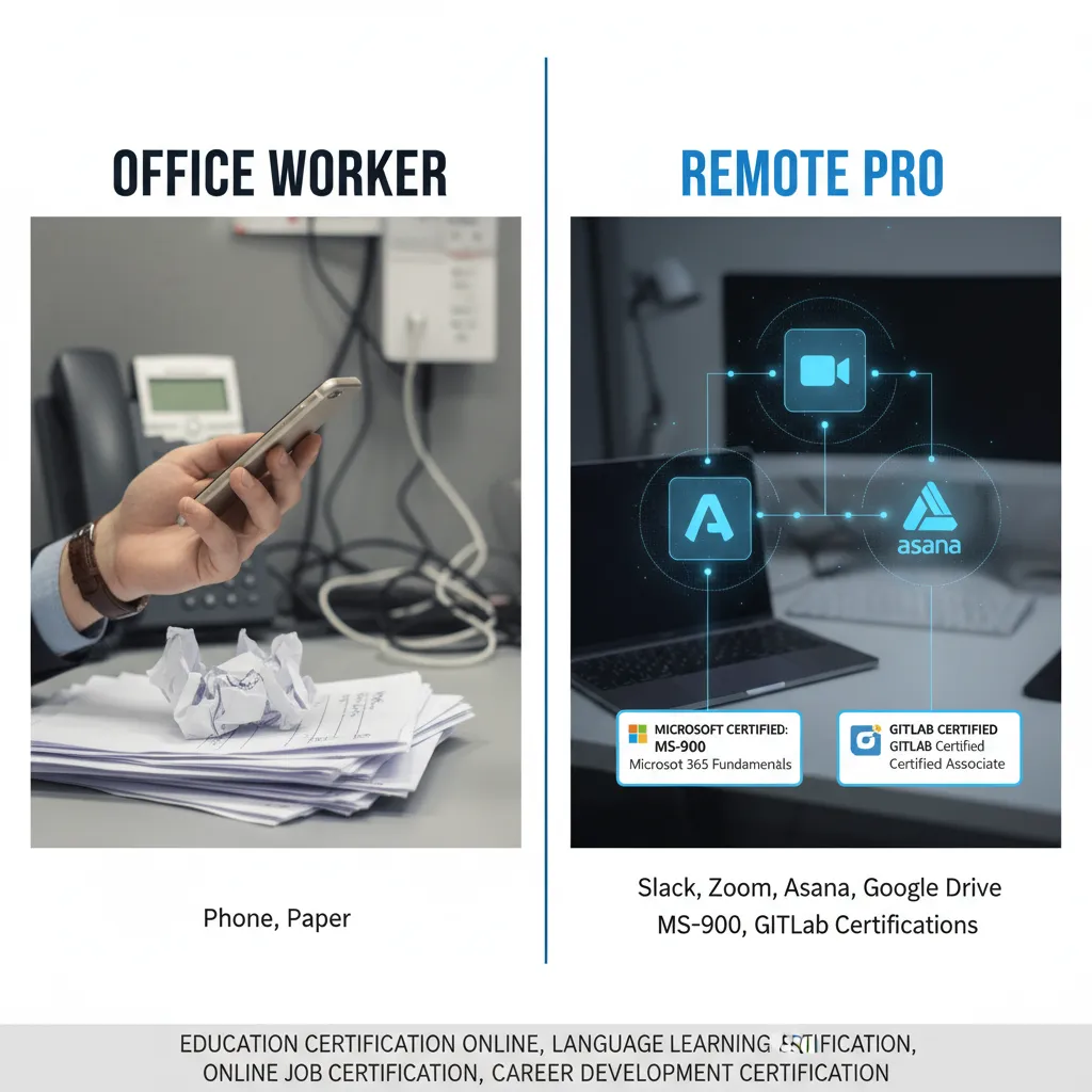A "Remote Tech Stack" visual comparison. On the left: "Office Worker" (Phone, Paper). On the right: "Remote Pro" (Slack icon, Zoom icon, Asana icon, Google Drive icon), connected to the MS-900 and GitLab certifications.