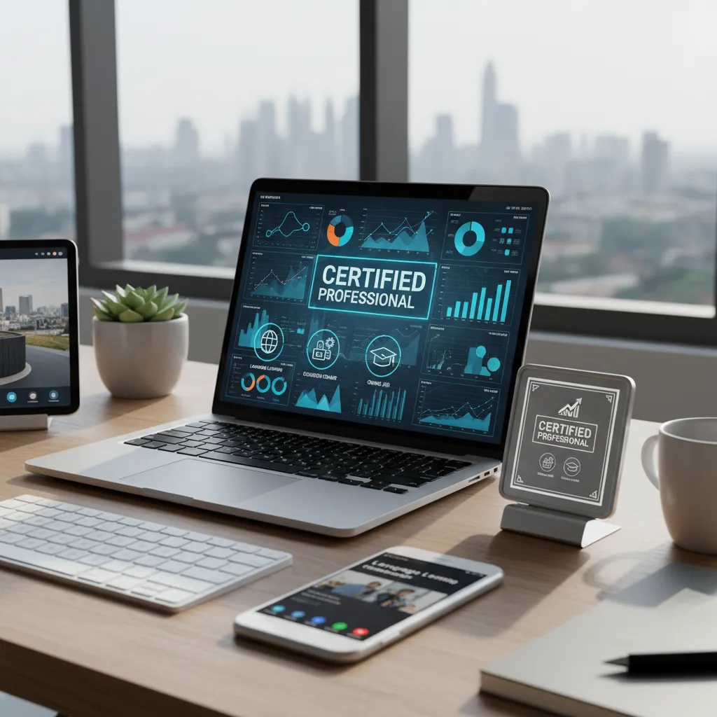 A modern digital workspace showing a laptop screen with data analytics dashboards and a certification badge on the desk