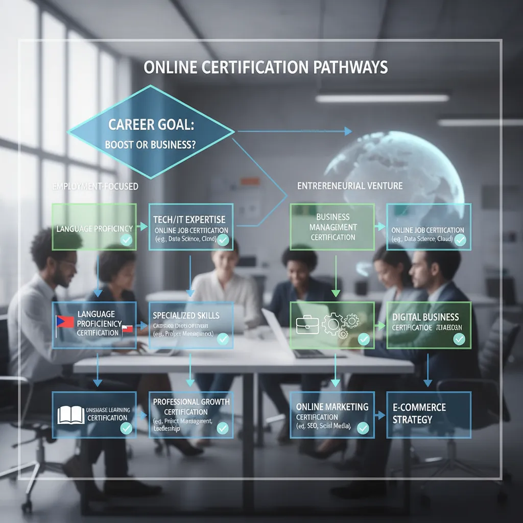 A flowchart decision tree helping readers select a certification based on their goal: "Do you want a salary?" vs. "Do you want to run a business?"