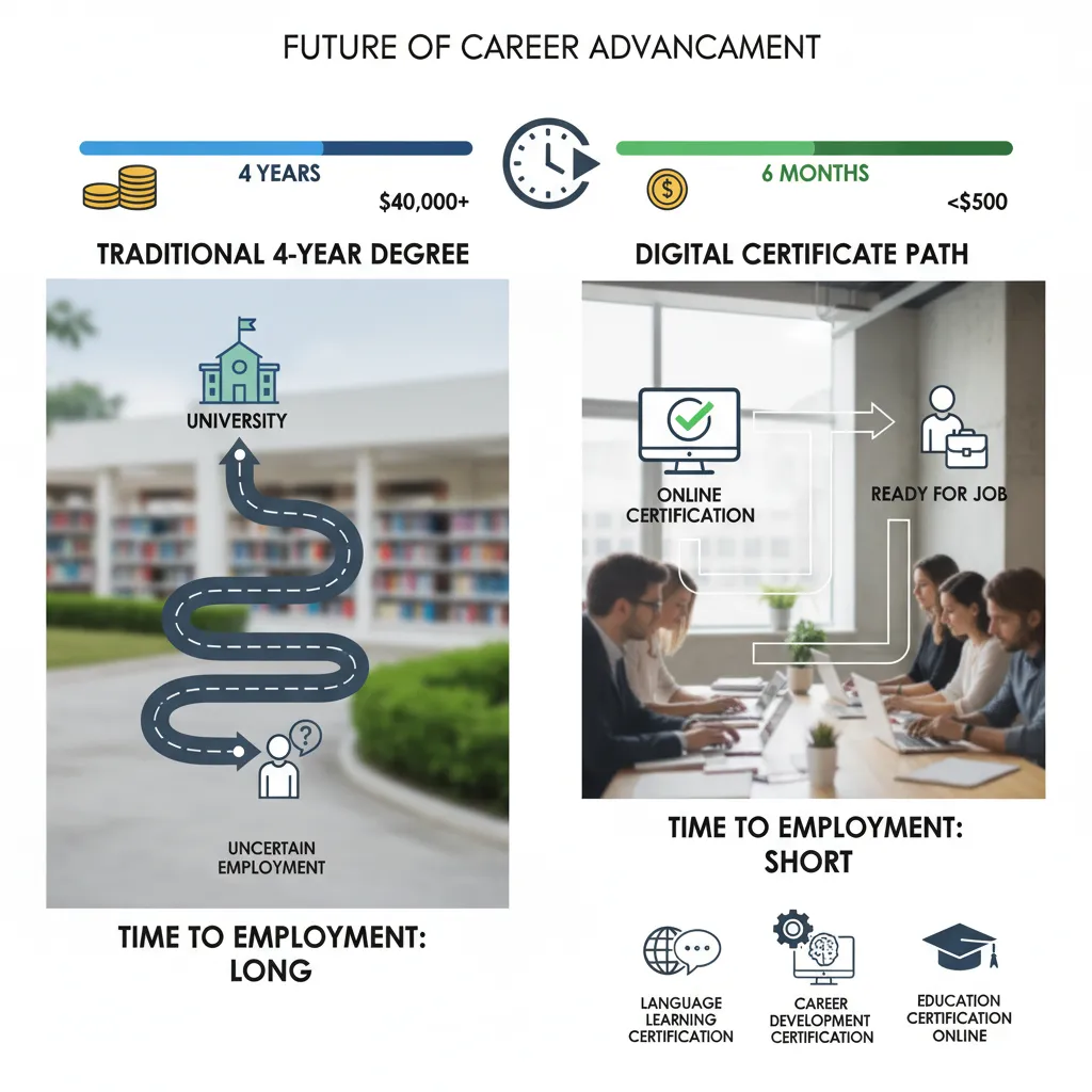 A comparative infographic showing the timeline and cost of a 4-year degree (4 years, $40k+) versus a Digital Certificate path (6 months, <$500), highlighting the "Time to Employment" metric.