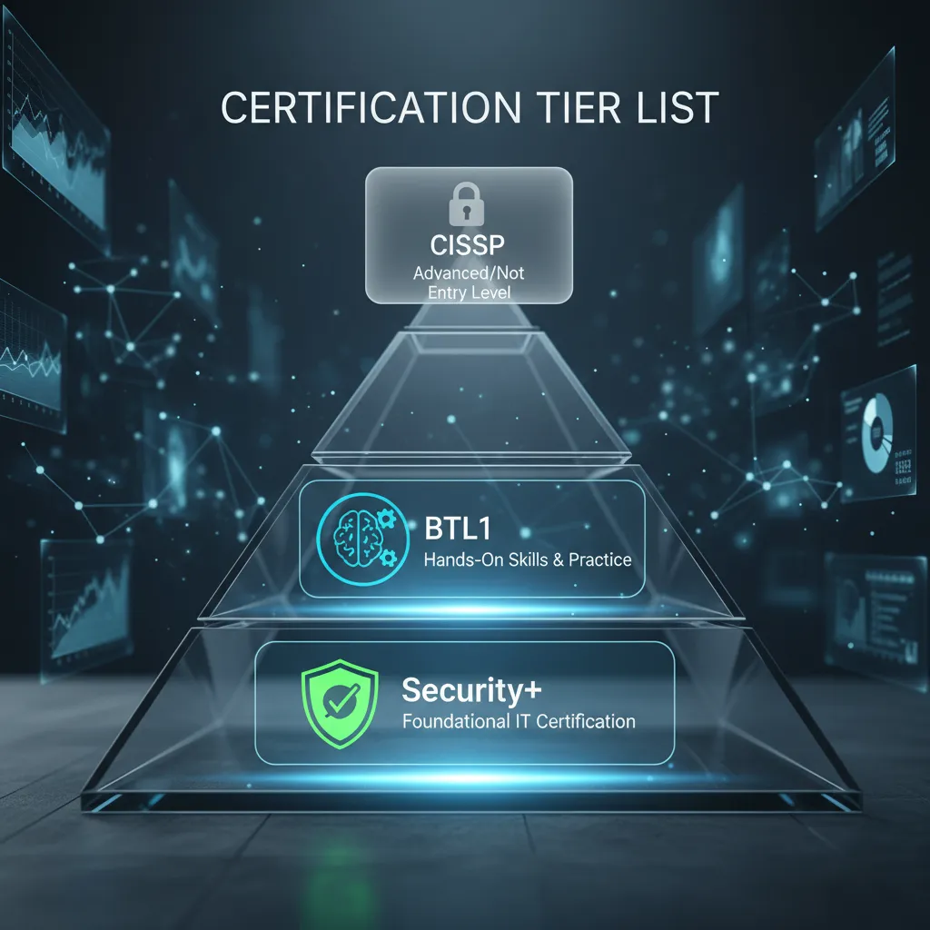 A conceptual illustration of a "Certification Tier List" pyramid, placing Security+ at the foundation, BTL1 in the middle for skills, and CISSP at the top but grayed out as 'not entry level'