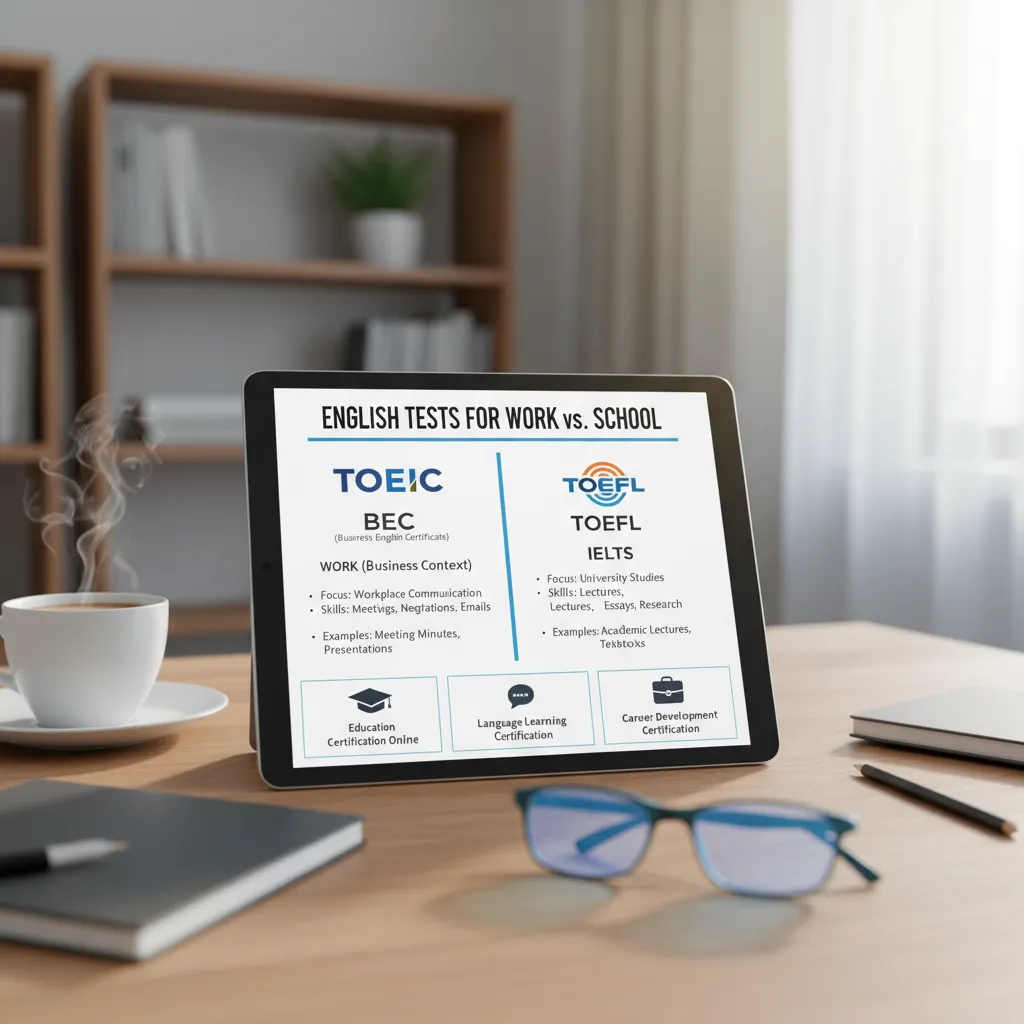 A comparison chart titled 'English Tests for Work vs. School' contrasting TOEIC/BEC (Business context, Meeting minutes) against TOEFL/IELTS (Academic context, Lectures)