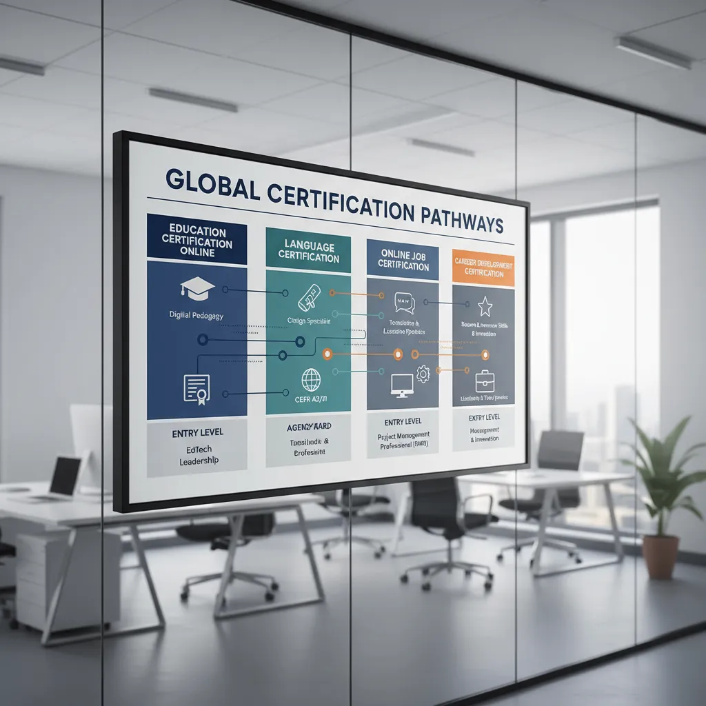 A professional infographic displaying a roadmap of social media certifications, categorized by "Entry Level," "Agency Standard," and "Executive Level," set against a modern office background.