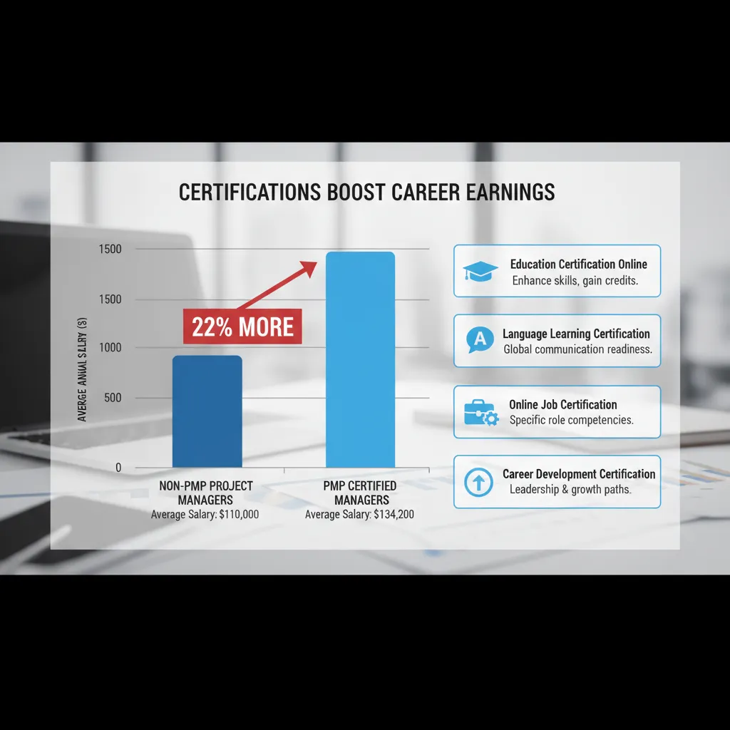 Bar graph comparing average salaries of Non-PMP Project Managers vs. PMP Certified Managers showing the 22% difference