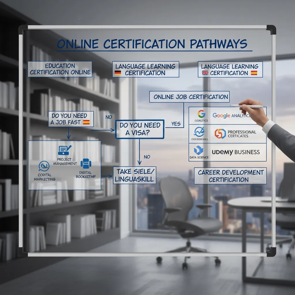 A visual flowchart helping the user decide: "Do you need a visa? -> Yes -> Take IELTS/Goethe. Do you need a job fast? -> Yes -> Take SIELE/Linguaskill."