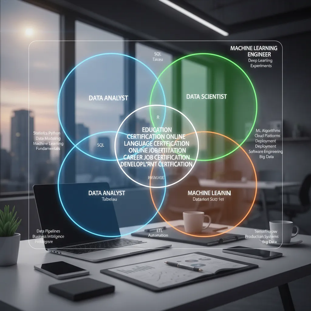 A Venn diagram showing the overlap and differences between Data Analyst, Data Scientist, and Machine Learning Engineer roles.