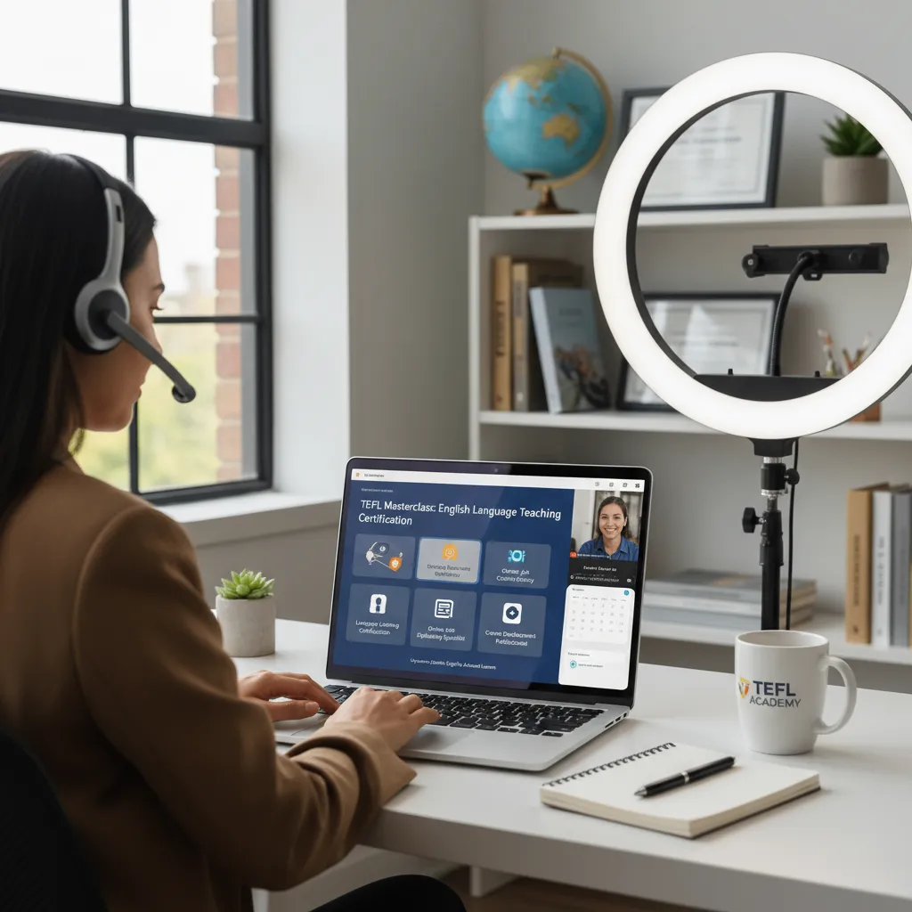 A modern home office setup with a laptop, ring light, and a headset, displaying an English lesson on the screen. The atmosphere is bright and professional, symbolizing the 'Work from Home' TEFL lifestyle.