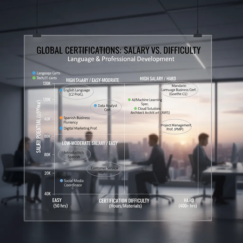 A professional comparison chart showing "Salary Potential vs. Certification Difficulty" for major languages like English, Spanish, German, and Mandarin.
