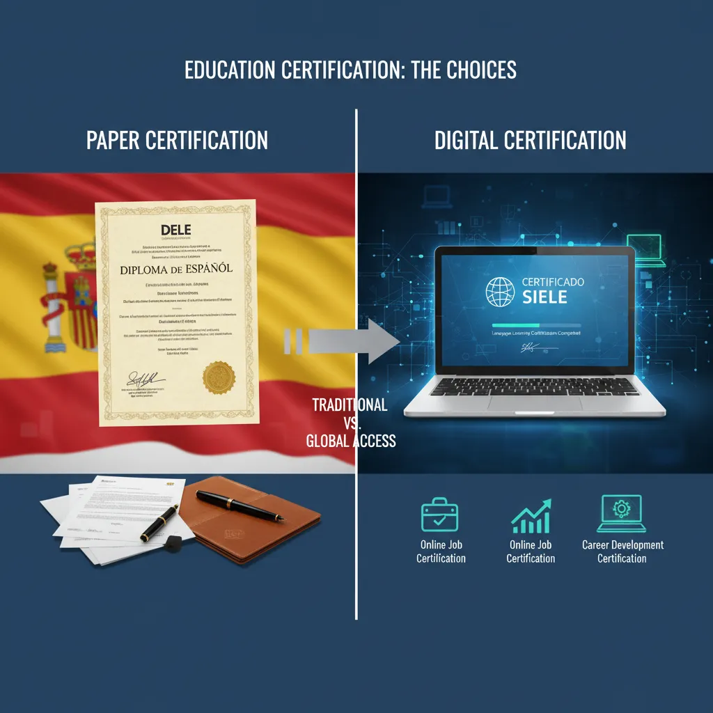 A professional comparison infographic showing a split screen: one side featuring the formal DELE diploma with a Spanish flag background, the other showing the digital SIELE certificate with a laptop icon, illustrating the 'Paper vs Digital' choice