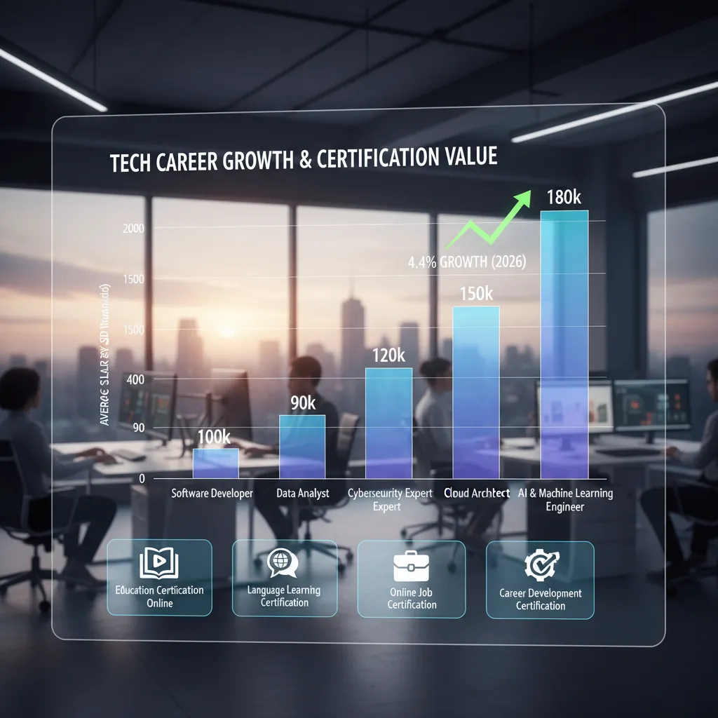 A bar chart comparing average salaries of different tech roles. The bar for "AI & Machine Learning Engineer" shows a projected growth arrow labeled "4.4% Growth (2026)".