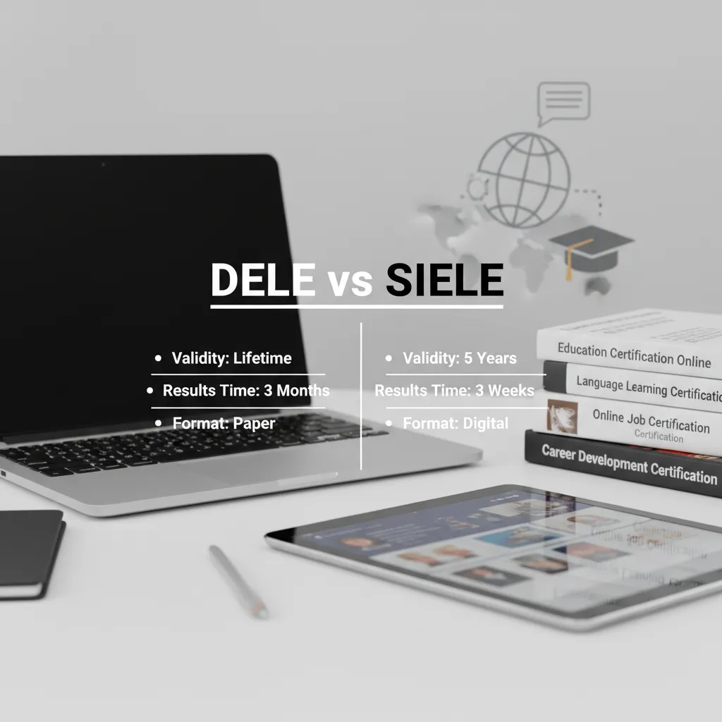 A side-by-side comparison chart titled 'DELE vs SIELE' highlighting key differences: Validity (Lifetime vs 5 Years), Results Time (3 Months vs 3 Weeks), and Format (Paper vs Digital)
