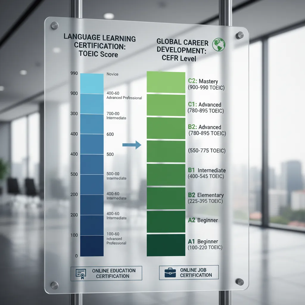 A side-by-side infographic comparing the TOEIC score scale (0-990) with CEFR levels (A1-C2) to help candidates understand where they stand.