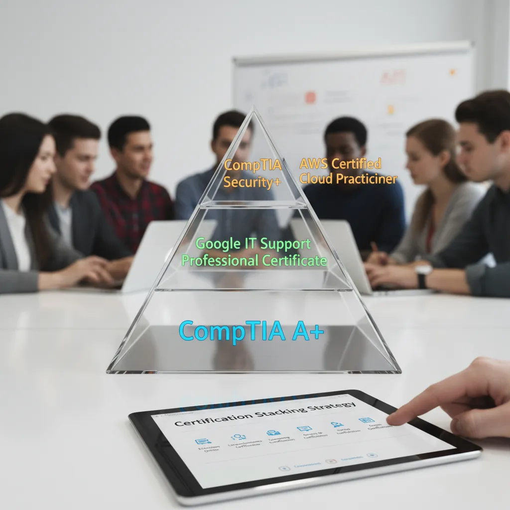 A pyramid diagram labeled 'Certification Stacking Strategy'. The wide base is 'CompTIA A+', the middle layer is 'Google IT Support', and the top peak is 'CompTIA Security+' or 'AWS Cloud Practitioner'.