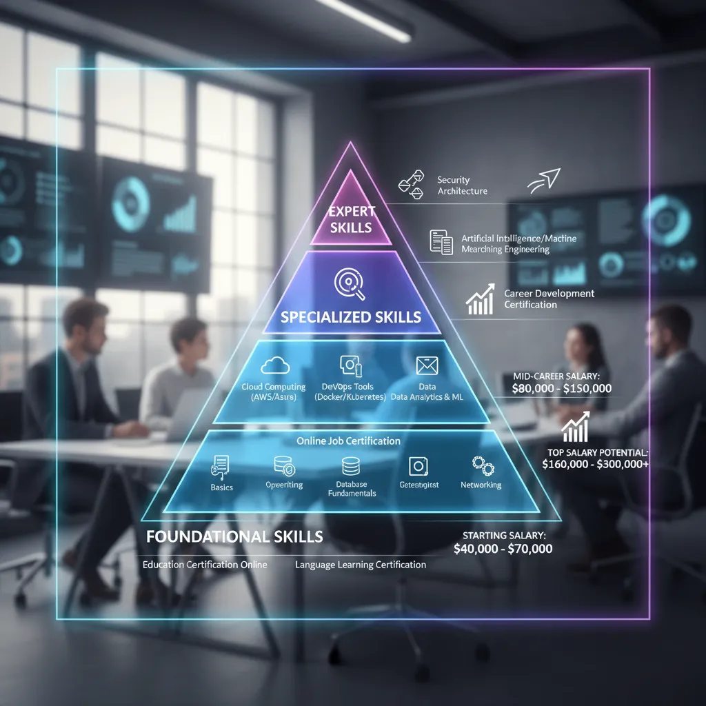 A modern infographic displaying a pyramid of skills, with 'Foundational' at the bottom (Networking), 'Specialized' in the middle (Cloud/DevOps), and 'Expert' at the top (Security Architecture/AI), showing increasing salary figures alongside.