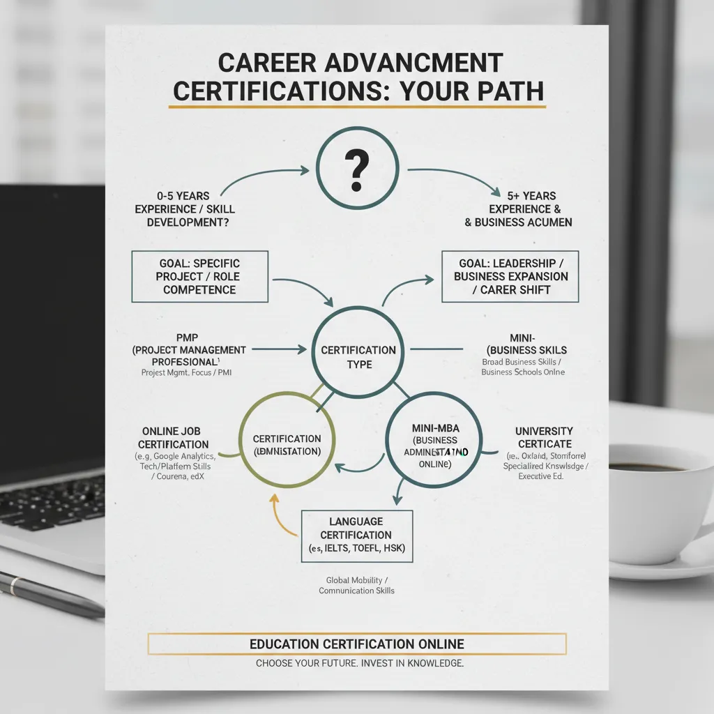 Infographic illustrating the decision tree between choosing a PMP, a Mini-MBA, or a University Certificate based on career years and goals