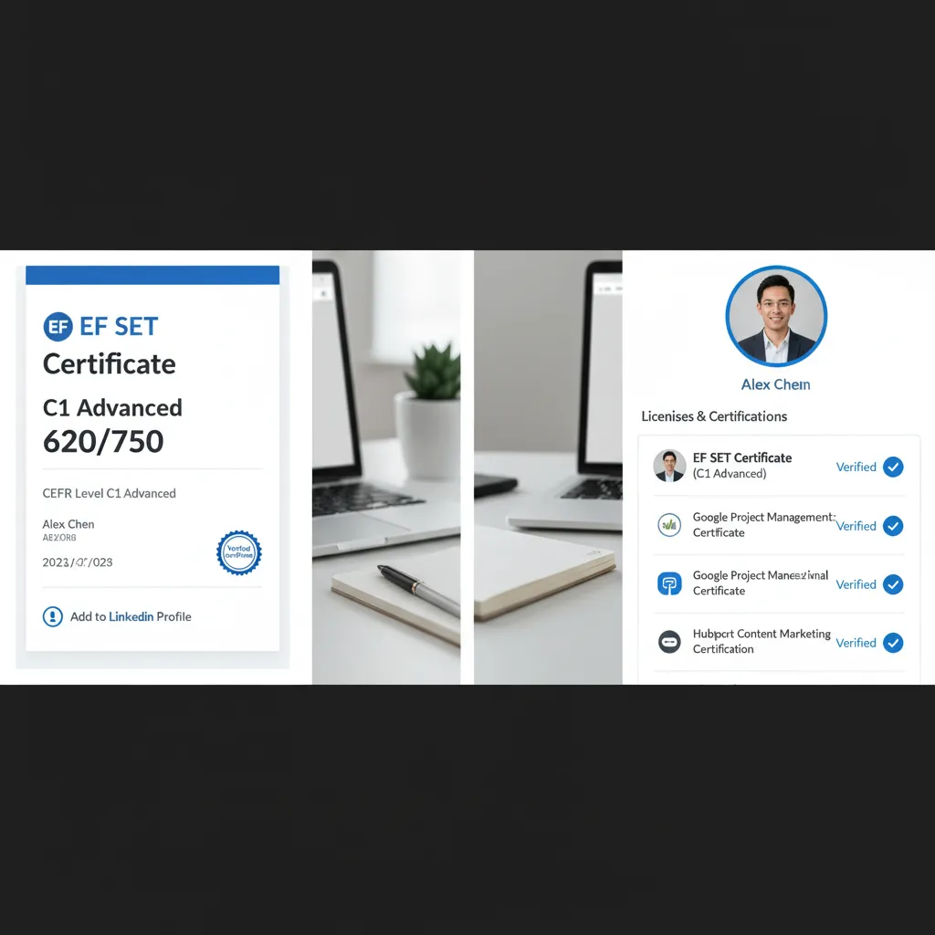 Screenshot of an EF SET Certificate showing a C1 Advanced score, alongside a LinkedIn profile showing the 'verified' link integration