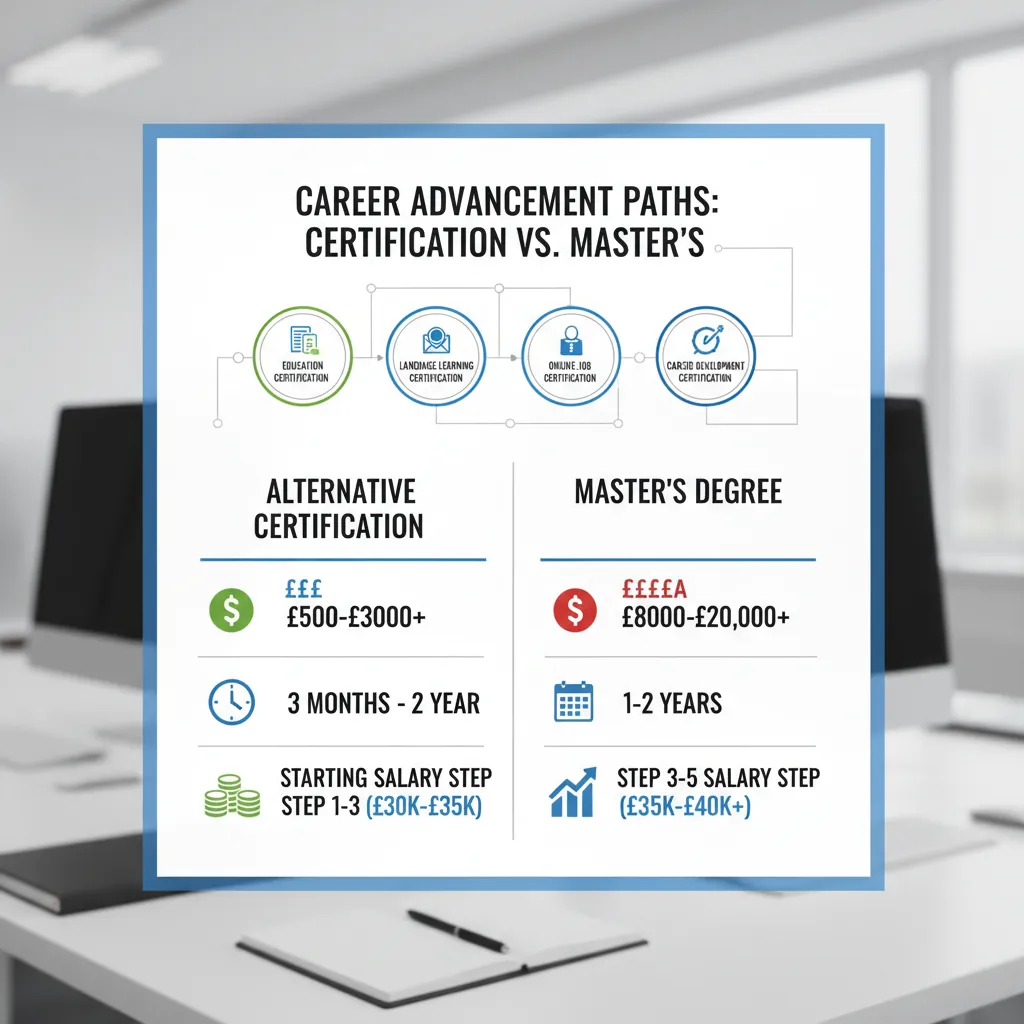 A comparison table infographic contrasting 'Alternative Certification' vs 'Master's Degree' across three metrics: Cost, Duration, and Starting Salary Step.