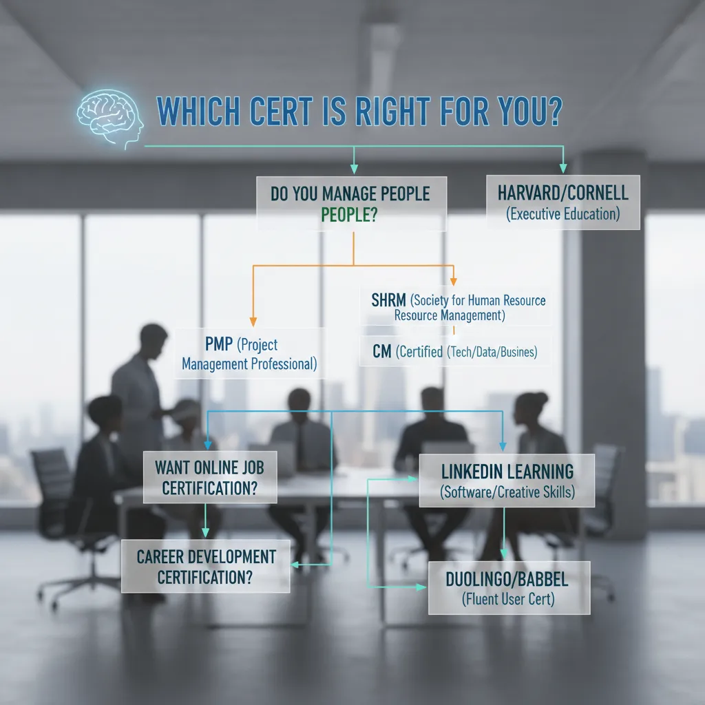 A decision tree graphic titled "Which Cert is Right for You?" Steps: Do you manage projects? -> PMP. Do you manage people? -> SHRM/CM. Do you need prestige? -> Harvard/Cornell.