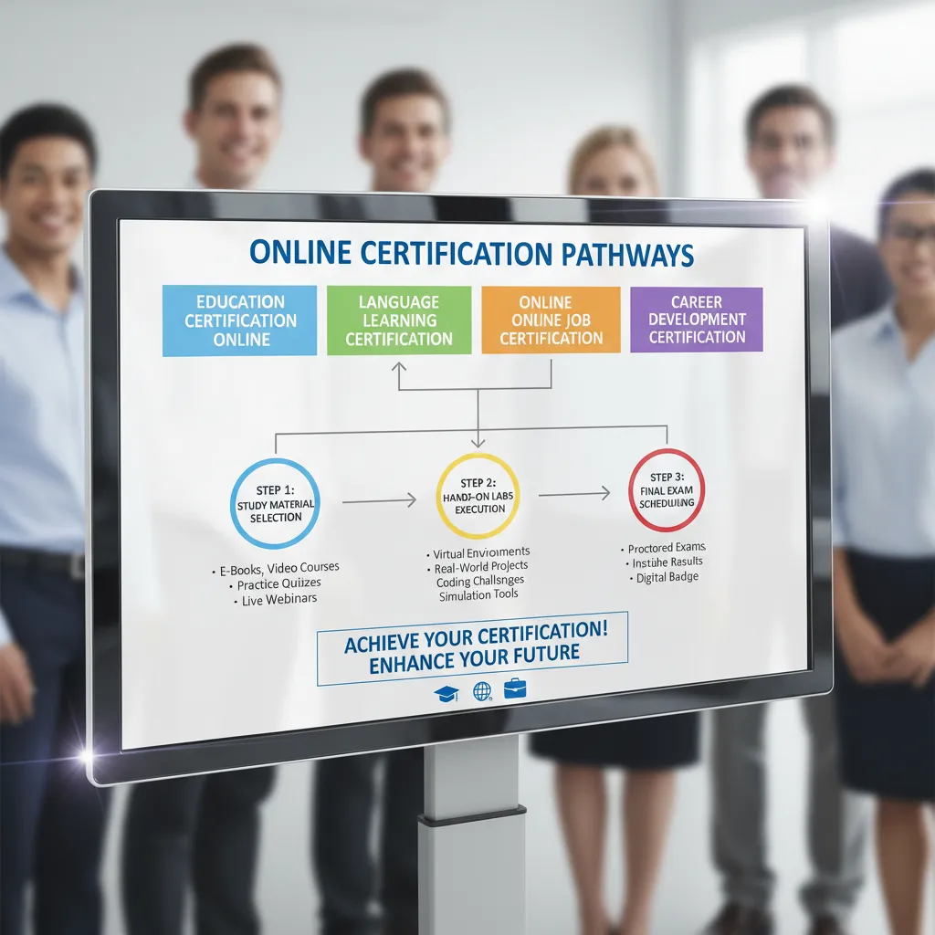 A flowchart infographic detailing the 3-step process: Study Material Selection, Hands-on Labs Execution, and Final Exam Scheduling.