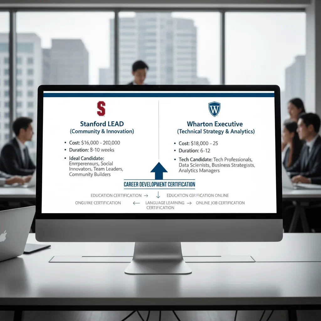 A side-by-side comparison chart. Left side: Stanford LEAD (Community & Innovation focus). Right side: Wharton Executive (Technical Strategy & Analytics focus). Highlights cost, duration, and ideal candidate profile.