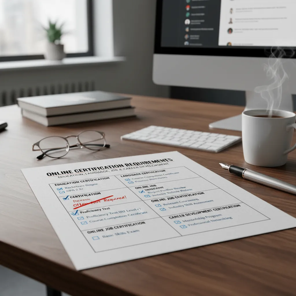 A checklist graphic on a desk, items checked off: "Bachelor's Degree", "GPA 2.5+", "Clean Background Check". A "Basic Skills Exam" item is crossed out with a red line indicating it's often not required.