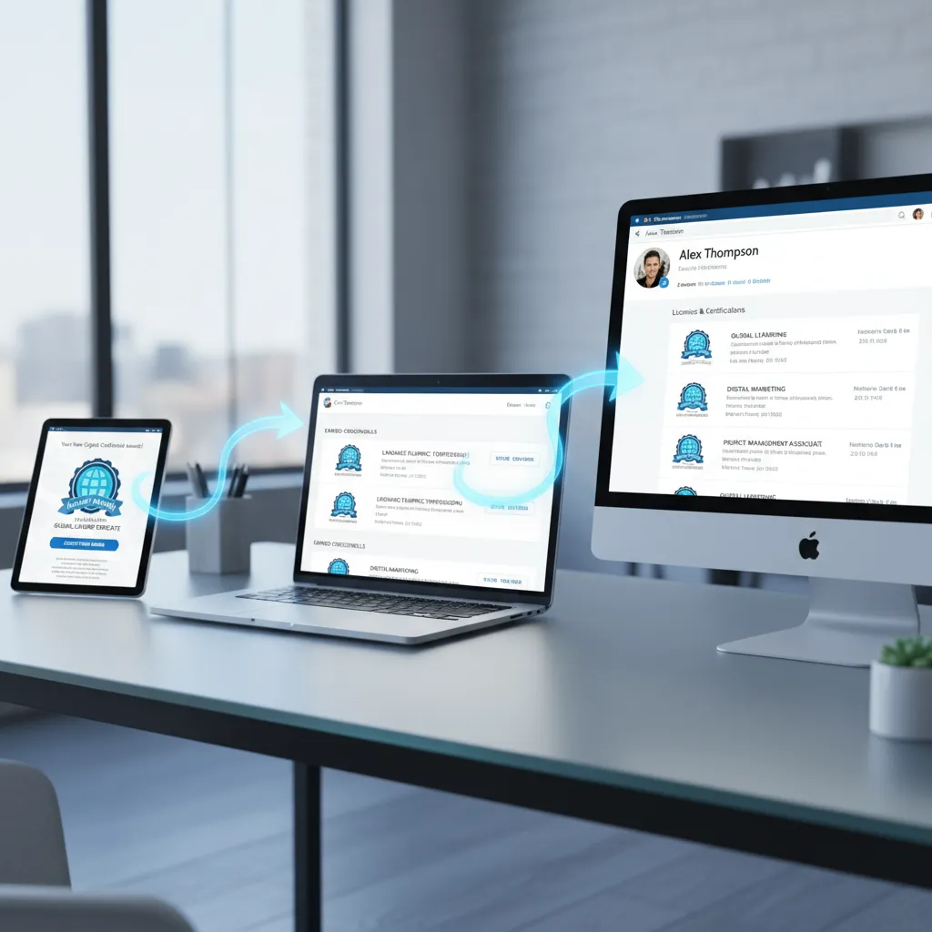 Visual flowchart showing the process of moving a digital badge from an email notification to a Credly profile, and finally to the LinkedIn Licenses & Certifications section.