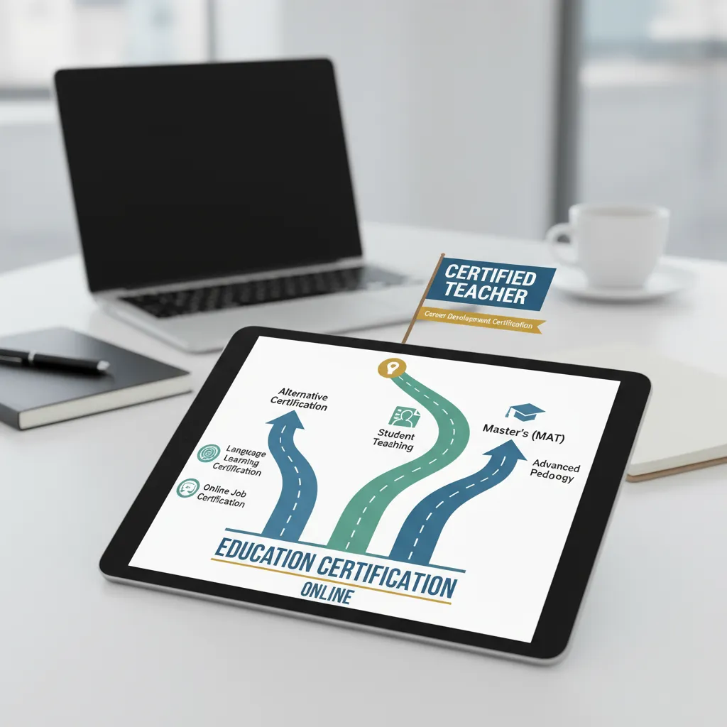 A roadmap infographic showing three paths starting at the bottom and converging at a "Certified Teacher" flag at the top: Alternative Certification, Bachelor's in Education, and Master's (MAT).