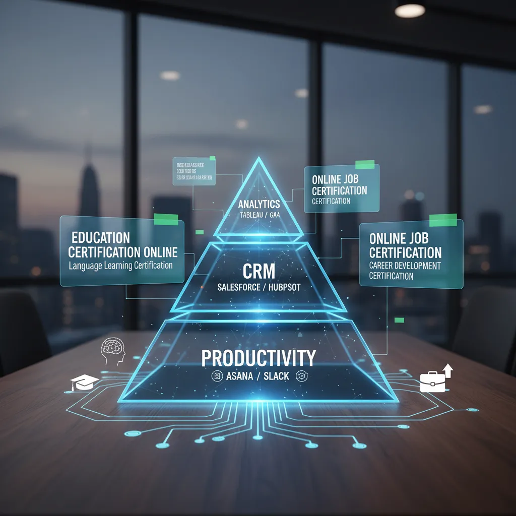 A visualization of the 'Digital Tool Stack' pyramid. The base is 'Productivity' (Asana/Slack), the middle is 'CRM' (Salesforce/HubSpot), and the peak is 'Analytics' (Tableau/GA4), illustrating how skills build upon each other.