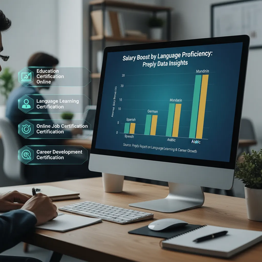 A bar chart illustrating the "Average Salary Bonus by Language" comparing Spanish, German, Mandarin, and Arabic based on the cited Preply data.